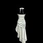 White halter-neck, fitted waist, pleated, irregularly shaped midi skirt ball gown R6682