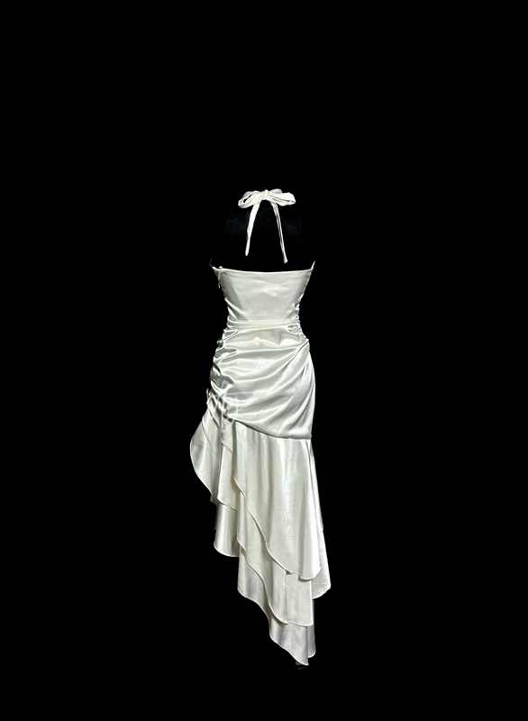 White halter-neck, fitted waist, pleated, irregularly shaped midi skirt ball gown R6682