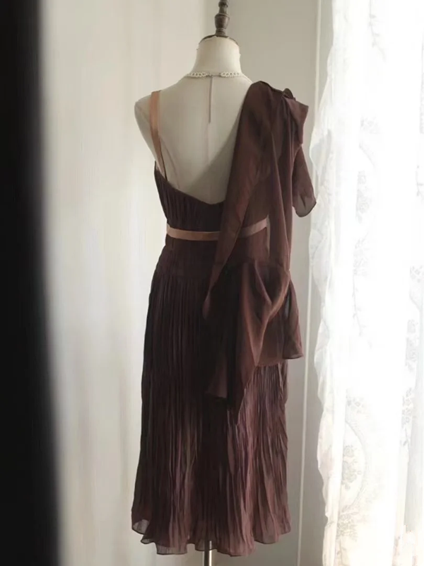 Brown halter-neck high-waisted sexy midi-length prom dress R6840