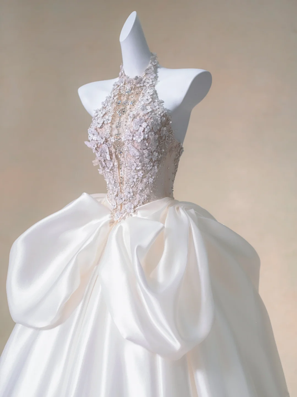 Pink halter neck diamond waist slim white skirt satin long dress bridal gown R5728