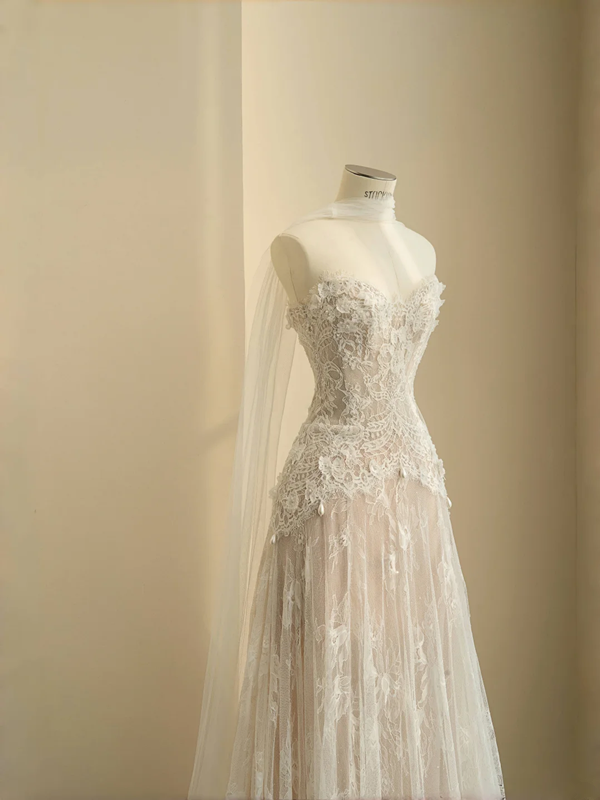 Apricot Strapless Lace Waist Slim A-Line Maxi Dress, prom dress R5686