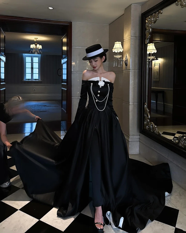 Black off-the-shoulder sexy fitted long ball gown R7081