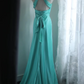 Lake blue halter neck fitted waist long ball gown R6801