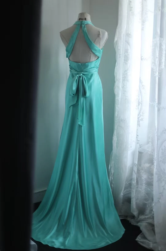Lake blue halter neck fitted waist long ball gown R6801