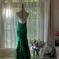 Green halter-neck, fitted waist, backless, sexy long ball gown R7789
