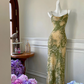 Retro green halter-neck printed fitted long ball gown R6880