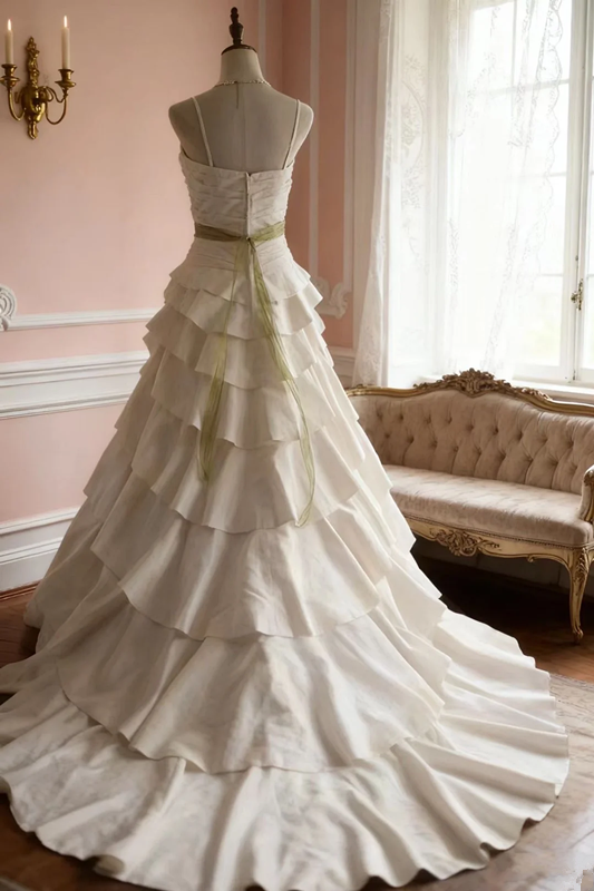 White halter-neck, fitted waist, tiered skirt, long ball gown R6722