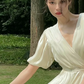 Light apricot V-neck puff-sleeve waist-cinched satin elegant prom dress R7987