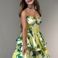Yellow-green floral tube-top waisted A-line mini skirt homecoming dress R5570