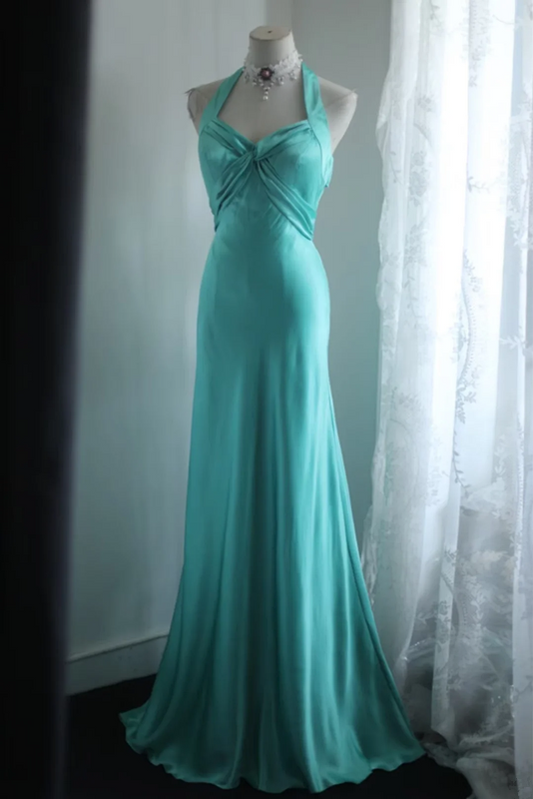 Lake blue halter neck fitted waist long ball gown R6801