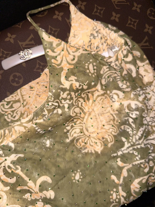 Retro green halter-neck printed fitted long ball gown R6880