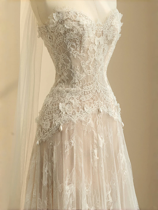 Apricot Strapless Lace Waist Slim A-Line Maxi Dress, prom dress R5686