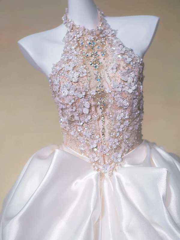 Pink halter neck diamond waist slim white skirt satin long dress bridal gown R5728