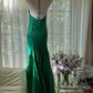 Green halter-neck, fitted waist, backless, sexy long ball gown R7789