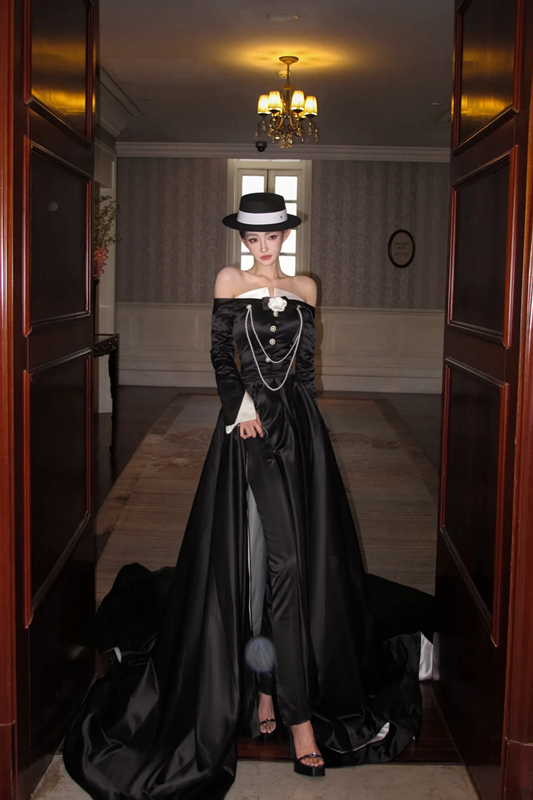 Black off-the-shoulder sexy fitted long ball gown R7081