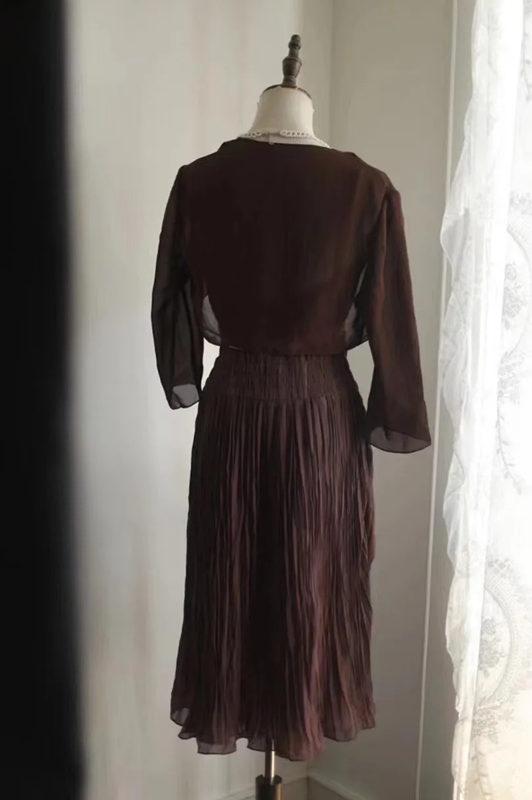 Brown halter-neck high-waisted sexy midi-length prom dress R6840