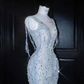 Light blue V-neck diamond waist slim fit hip fishtail elegant long skirt, prom dress R5651