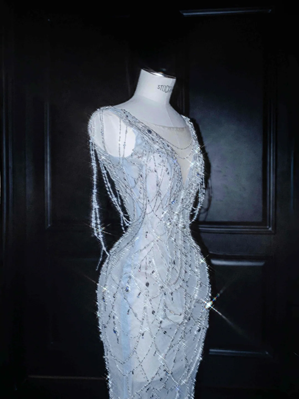 Light blue V-neck diamond waist slim fit hip fishtail elegant long skirt, prom dress R5651