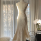 Apricot white sleeveless fitted waist bodycon long ball gown R7717