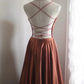 Brownish-red spaghetti-strap waist-cinching backless sexy long elegant prom dress R7948