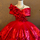 Red Off-the-shoulder Waist-Cinched Puff Tiered Skirt Ball Gown & Bridal Gown R7395