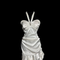 White halter-neck, fitted waist, pleated, irregularly shaped midi skirt ball gown R6682