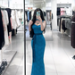 Blue halter-neck, fitted waist, elegant and sexy long ball gown R7908