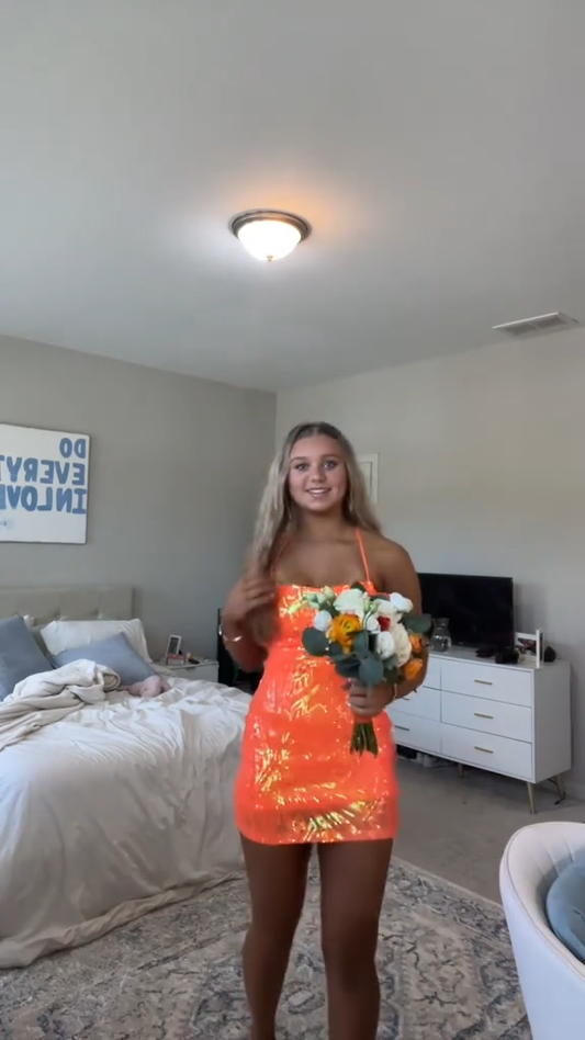 Orange halter neck sequined waist slim hip skirt homecoming dress R5610