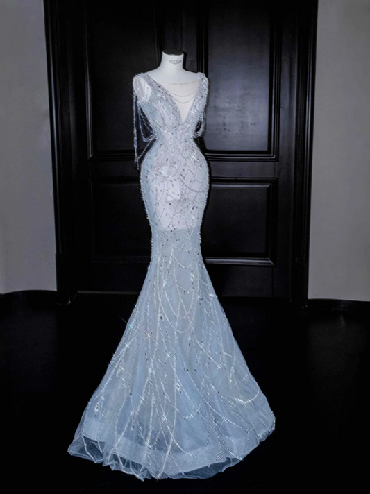 Light blue V-neck diamond waist slim fit hip fishtail elegant long skirt, prom dress R5651