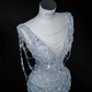 Light blue V-neck diamond waist slim fit hip fishtail elegant long skirt, prom dress R5651
