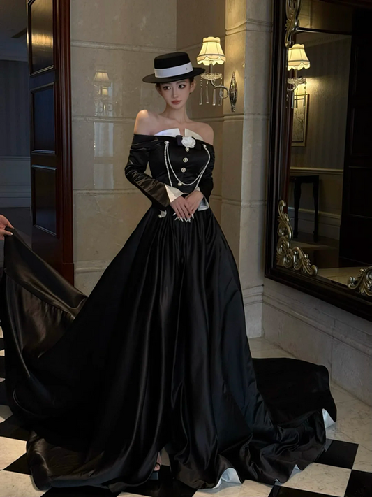 Black off-the-shoulder sexy fitted long ball gown R7081