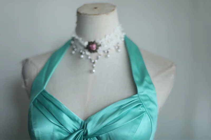 Lake blue halter neck fitted waist long ball gown R6801