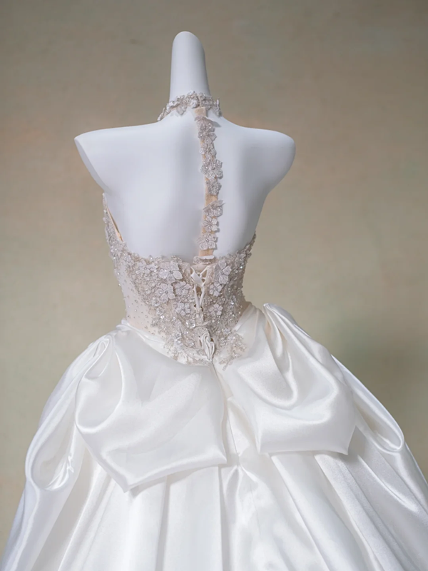 Pink halter neck diamond waist slim white skirt satin long dress bridal gown R5728