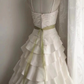 White halter-neck, fitted waist, tiered skirt, long ball gown R6722