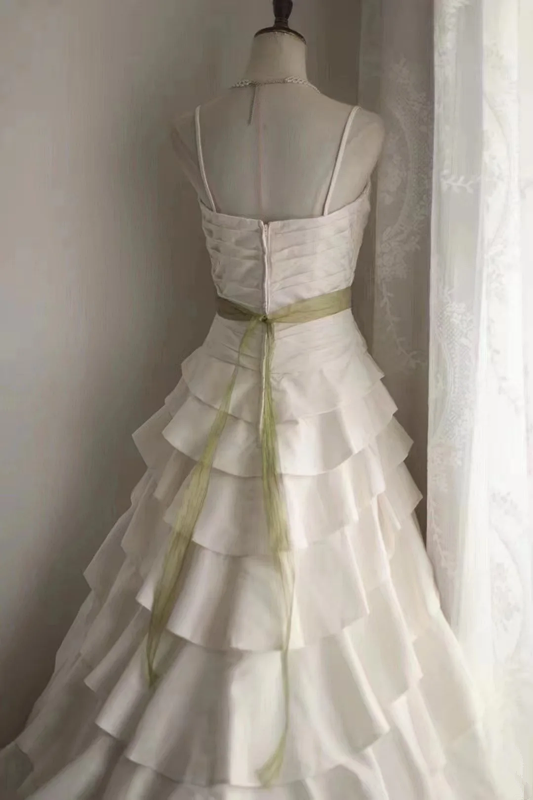 White halter-neck, fitted waist, tiered skirt, long ball gown R6722