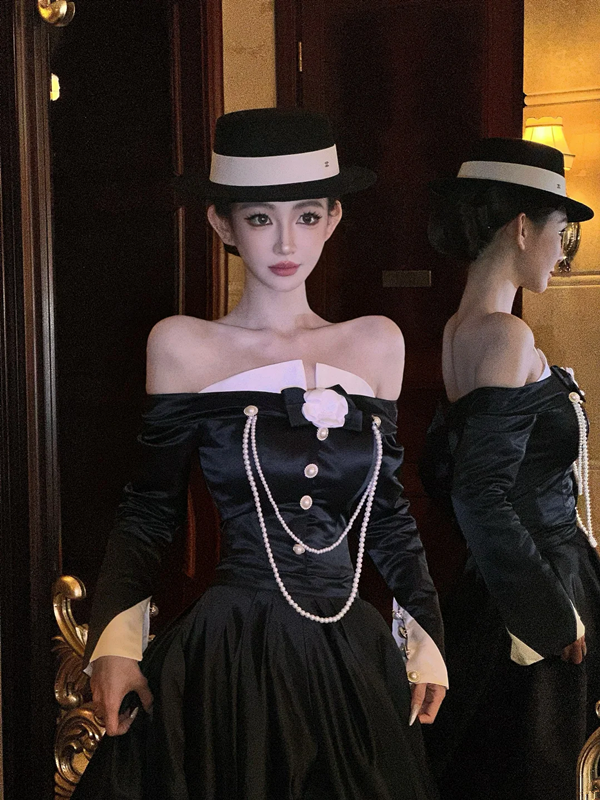 Black off-the-shoulder sexy fitted long ball gown R7081