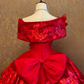 Red Off-the-shoulder Waist-Cinched Puff Tiered Skirt Ball Gown & Bridal Gown R7395