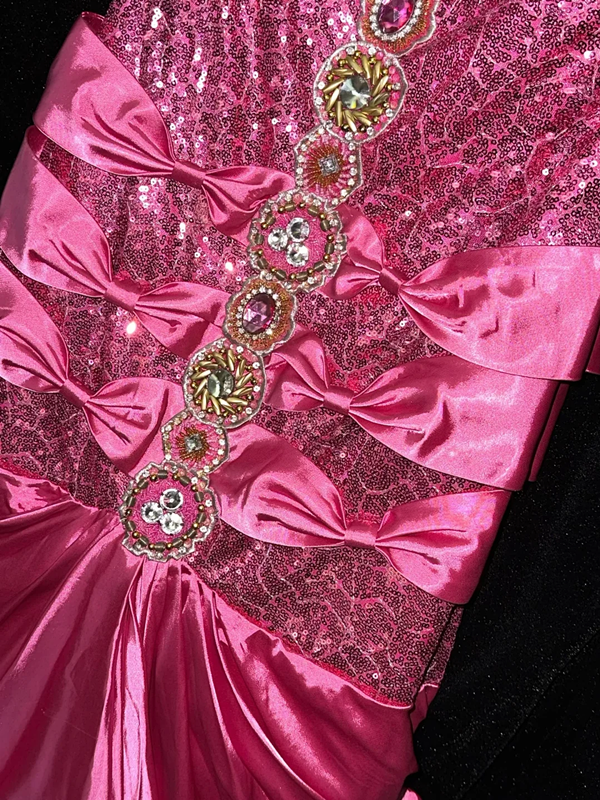 Rose pink strapless sequined sexy fitted long ball gown R7001