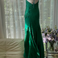 Green halter-neck, fitted waist, backless, sexy long ball gown R7789