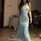 Light Blue Halter Neck Waist-Cinched Fitted Floor-Length Prom Dress R7121