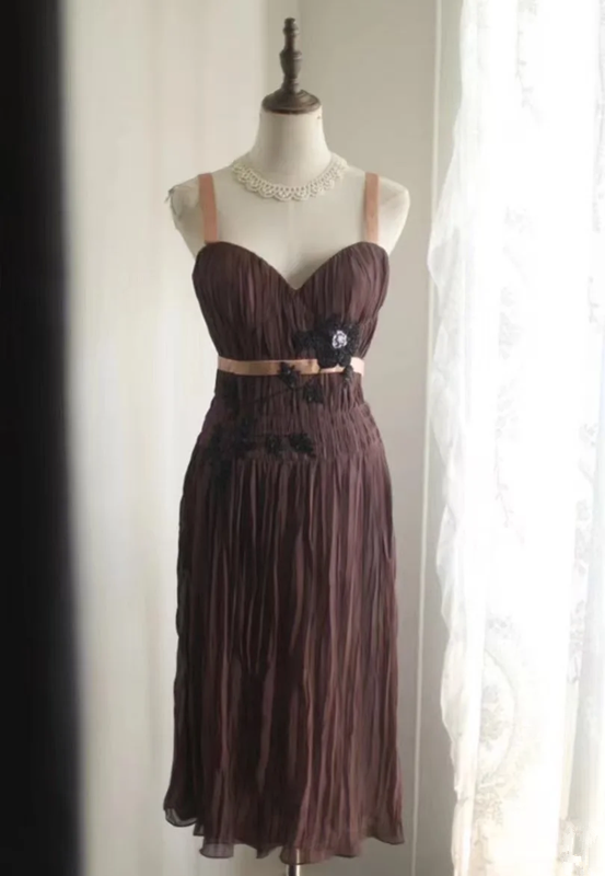 Brown halter-neck high-waisted sexy midi-length prom dress R6840