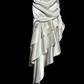White halter-neck, fitted waist, pleated, irregularly shaped midi skirt ball gown R6682