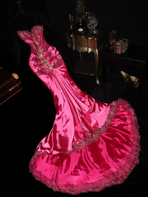 Rose pink strapless sequined sexy fitted long ball gown R7001