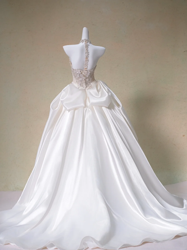 Pink halter neck diamond waist slim white skirt satin long dress bridal gown R5728