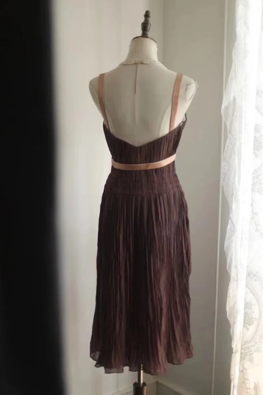 Brown halter-neck high-waisted sexy midi-length prom dress R6840