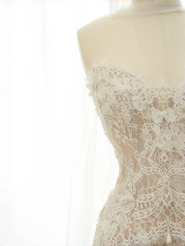 Apricot Strapless Lace Waist Slim A-Line Maxi Dress, prom dress R5686