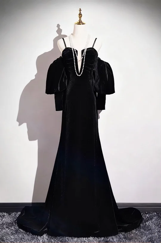 Black stockings, halter neck, off-the-shoulder, fitted waist, mermaid skirt, ball gown R6440