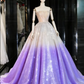 Color-Block Spaghetti-Strap Prom Dress with a Fitted Waist and Purple Puffy Skirt R6522