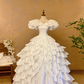 White Prom Dress with Puffed Sleeves, Fitted Waist, Tiered Puffy Skirt; Bridal Gown R7314
