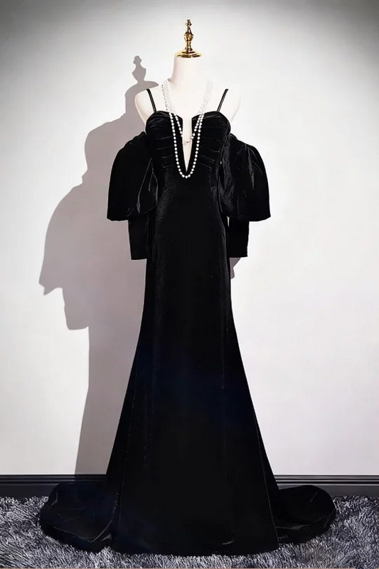 Black stockings, halter neck, off-the-shoulder, fitted waist, mermaid skirt, ball gown R6440